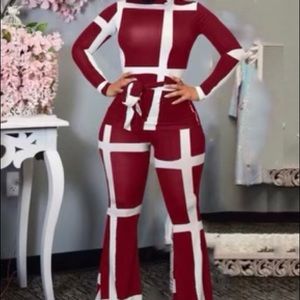 Red And White Two- Piece Pants Suit